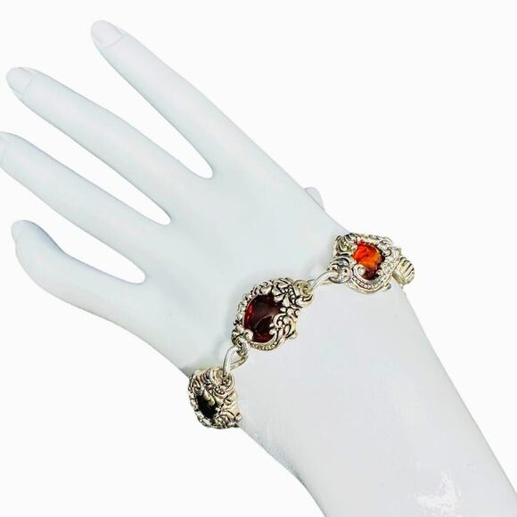 Amber Cabochon Textured Designed Link Bracelet Magnetic Clasp Over Silver Plated - Picture 1 of 10